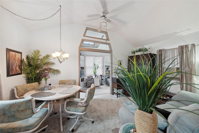 34 Alden Park Unit 34, Bronx, NY 10465 - dining room with a chandelier, light colored carpet, vaulted ceiling, and a ceiling fan
