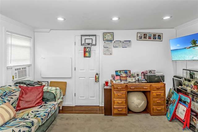 90 Charles St, Lynbrook, NY 11563 - living room with crown molding, cooling unit, and recessed lighting