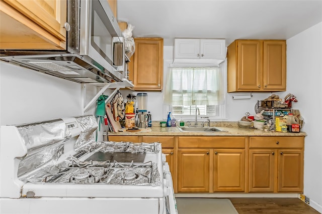 90 Charles St, Lynbrook, NY 11563 - kitchen with a sink, wood finished floors, stainless steel microwave, and light stone countertops