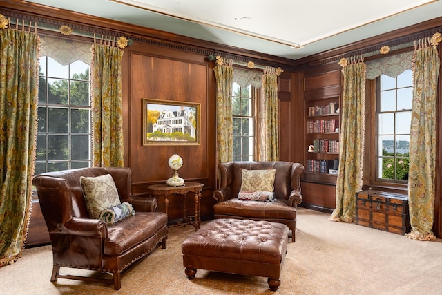 842 Sleepy Hollow Rd, Briarcliff Manor, NY 10510 - living area with carpet floors, wood walls, ornamental molding, and built in features