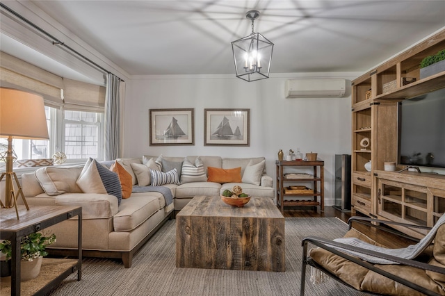 25 Jackwill Rd, East Patchogue, NY 11772 - living room featuring a wall mounted air conditioner and a chandelier