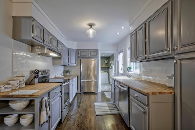 25 Jackwill Rd, East Patchogue, NY 11772 - kitchen featuring wood counters, stainless steel appliances, under cabinet range hood, gray cabinets, and recessed lighting