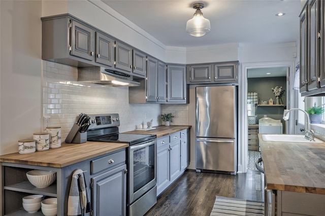 25 Jackwill Rd, East Patchogue, NY 11772 - kitchen featuring appliances with stainless steel finishes, wooden counters, open shelves, gray cabinetry, and recessed lighting