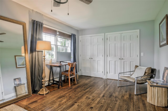 25 Jackwill Rd, East Patchogue, NY 11772 - sitting room featuring ceiling fan, an office area, wood finished floors, and a baseboard radiator