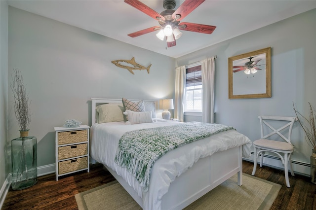25 Jackwill Rd, East Patchogue, NY 11772 - bedroom featuring dark wood-type flooring, a baseboard radiator, and a ceiling fan