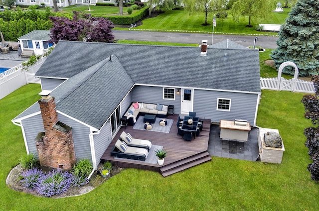 25 Jackwill Rd, East Patchogue, NY 11772 - back of house with outdoor lounge area, a wooden deck, roof with shingles, and a fenced backyard
