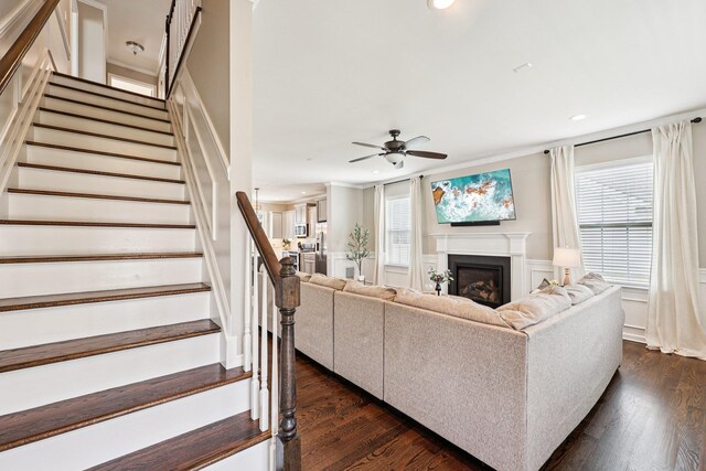35 Laurel Cir, Goshen, NY 10924 - living area with ceiling fan, a glass covered fireplace, stairway, recessed lighting, and dark wood-style floors