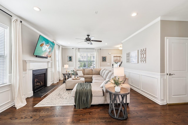 35 Laurel Cir, Goshen, NY 10924 - living room featuring crown molding, ceiling fan, recessed lighting, a decorative wall, and a wainscoted wall
