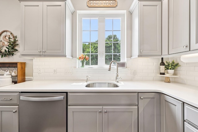 35 Laurel Cir, Goshen, NY 10924 - kitchen with dishwasher, decorative backsplash, gray cabinets, and light countertops