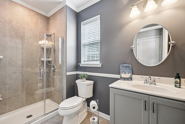 35 Laurel Cir, Goshen, NY 10924 - bathroom with vanity, a stall shower, tile patterned floors, and ornamental molding