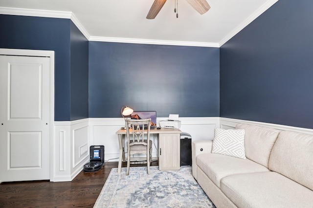 35 Laurel Cir, Goshen, NY 10924 - office area featuring a ceiling fan, wood finished floors, ornamental molding, a wainscoted wall, and a decorative wall