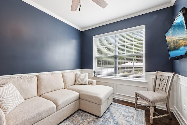 35 Laurel Cir, Goshen, NY 10924 - living room with a wainscoted wall, dark wood-style flooring, ceiling fan, and ornamental molding