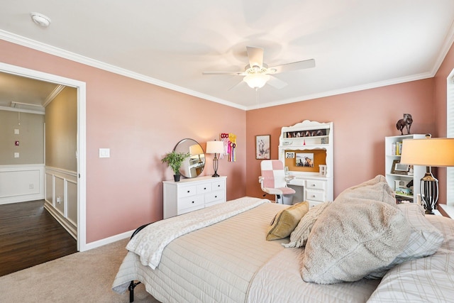 35 Laurel Cir, Goshen, NY 10924 - carpeted bedroom with crown molding, attic access, ceiling fan, and wainscoting