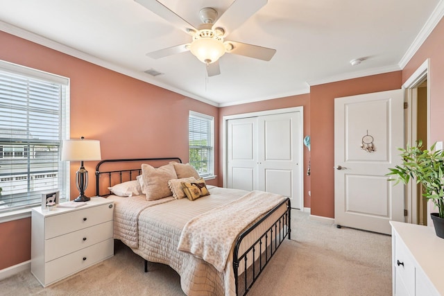 35 Laurel Cir, Goshen, NY 10924 - bedroom featuring crown molding, light carpet, a closet, and a ceiling fan