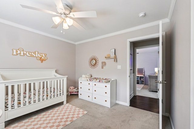 35 Laurel Cir, Goshen, NY 10924 - bedroom featuring carpet flooring, crown molding, a nursery area, and a ceiling fan