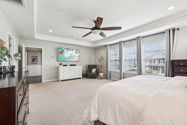 35 Laurel Cir, Goshen, NY 10924 - bedroom featuring a tray ceiling, crown molding, light colored carpet, recessed lighting, and a ceiling fan