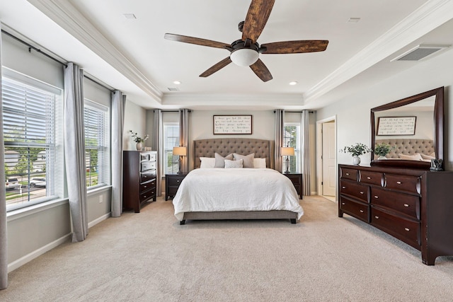 35 Laurel Cir, Goshen, NY 10924 - bedroom with light carpet, a raised ceiling, crown molding, and ceiling fan