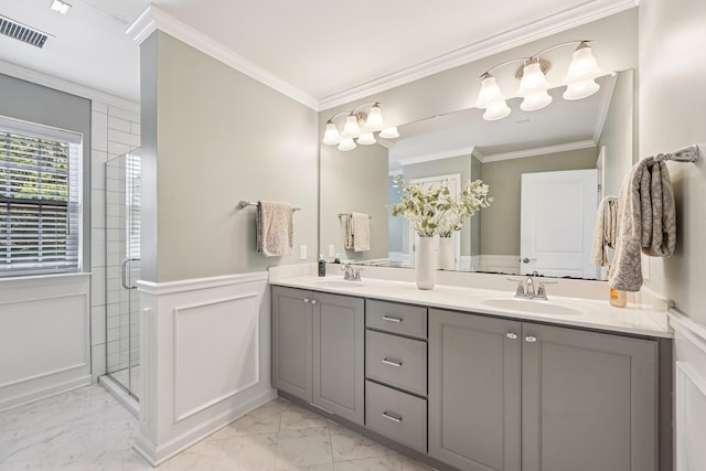 35 Laurel Cir, Goshen, NY 10924 - full bath featuring double vanity, marble finish floors, a shower stall, wainscoting, and ornamental molding