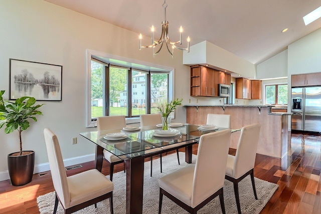 6 Riverside, Cornwall On Hudson, NY 12520 - dining area featuring dark wood-style floors, healthy amount of natural light, a chandelier, high vaulted ceiling, and recessed lighting