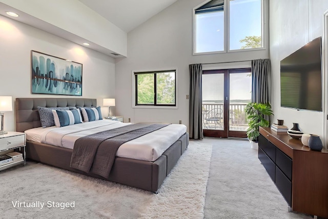 6 Riverside, Cornwall On Hudson, NY 12520 - bedroom with access to outside, high vaulted ceiling, light colored carpet, and recessed lighting