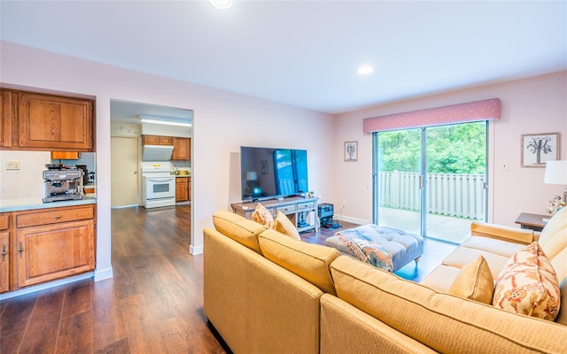43 Carriage Ct, Jericho, NY 11753 - living area with dark wood finished floors, recessed lighting, and baseboards