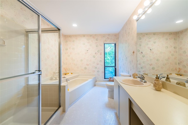 43 Carriage Ct, Jericho, NY 11753 - bathroom with a garden tub, a stall shower, toilet, vanity, and tile patterned flooring