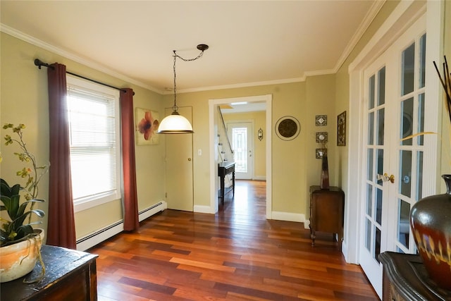 56 Academy St, Patchogue, NY 11772 - dining room with a baseboard radiator, dark wood-style floors, french doors, and ornamental molding