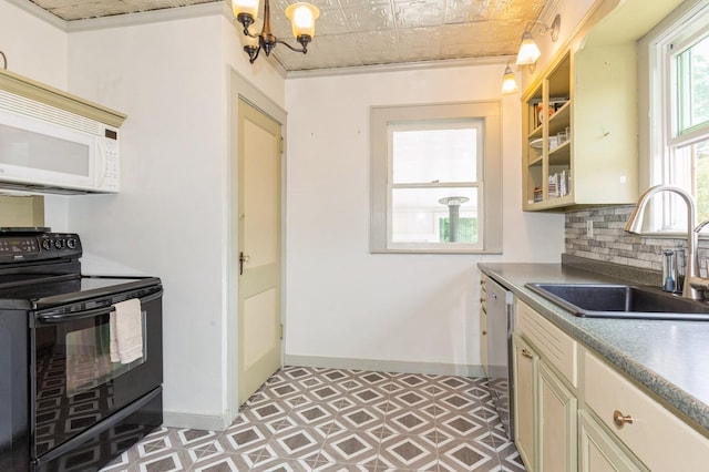 15 Orchard Rd, East Patchogue, NY 11772 - kitchen featuring electric range, white microwave, an ornate ceiling, tasteful backsplash, and light floors