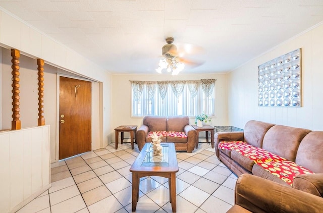 5883 57th Rd, Maspeth, NY 11378 - living area with ornamental molding, light tile patterned floors, ceiling fan, and baseboard heating