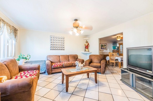 5883 57th Rd, Maspeth, NY 11378 - living area with a ceiling fan and light tile patterned floors