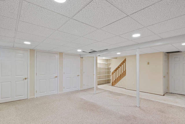 206 Lower Sheep Pasture Rd, Setauket, NY 11733 - finished basement with stairway, carpet flooring, a paneled ceiling, and recessed lighting