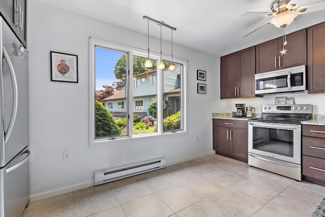 59 Krystal Dr, Somers, NY 10589 - kitchen with appliances with stainless steel finishes, baseboard heating, dark brown cabinets, ceiling fan, and light stone counters
