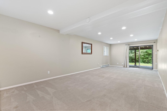 59 Krystal Dr, Somers, NY 10589 - unfurnished room featuring recessed lighting, a baseboard radiator, light colored carpet, and beam ceiling