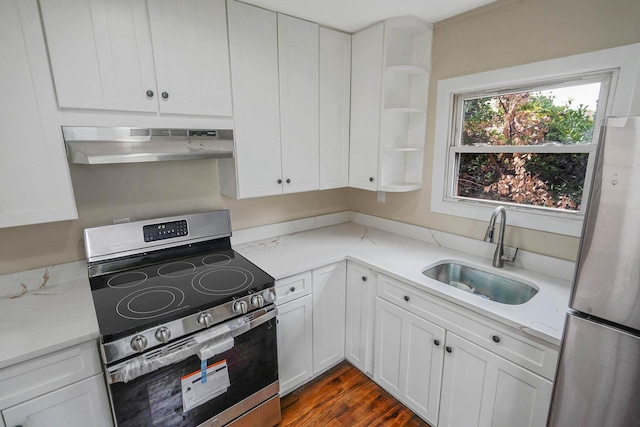 18 Port Jefferson Rd, Sound Beach, NY 11789 - kitchen featuring stainless steel appliances, under cabinet range hood, a sink, open shelves, and white cabinetry
