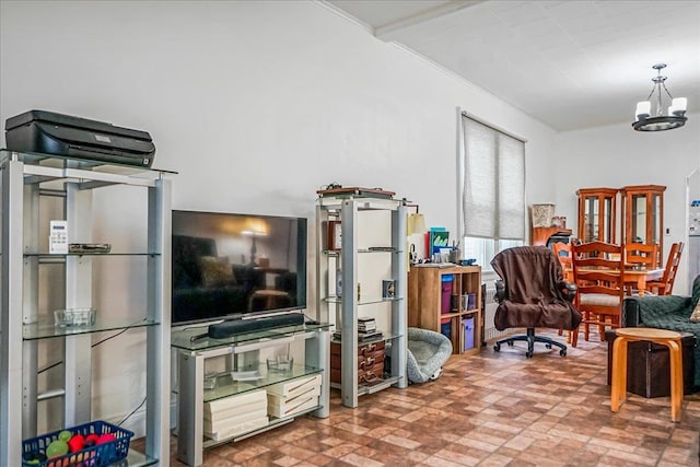 10712 Sutter Ave, Ozone Park, NY 11417 - living area with brick patterned floors and a chandelier