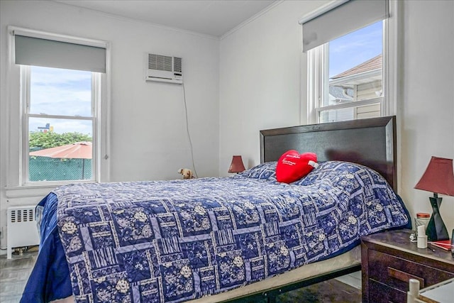 10712 Sutter Ave, Ozone Park, NY 11417 - bedroom with ornamental molding, radiator, a wall mounted AC, and multiple windows
