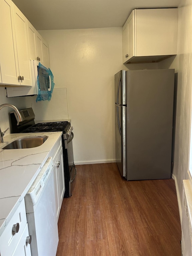 43-25 Douglaston Pkwy Unit 2D, Douglaston, NY 11363 - kitchen featuring freestanding refrigerator, dishwasher, gas range, white cabinets, and dark wood finished floors