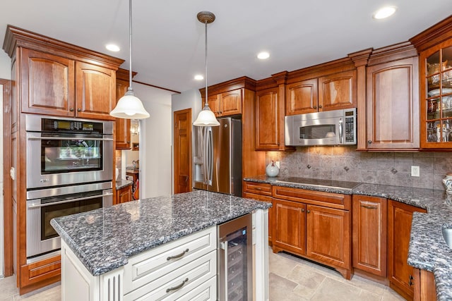 2 The Spout, Smithtown, NY 11787 - kitchen with appliances with stainless steel finishes, beverage cooler, glass insert cabinets, decorative backsplash, and recessed lighting