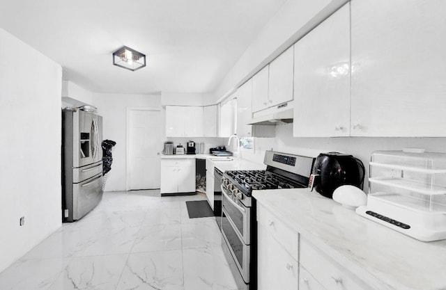 481 E Branch Rd, Patterson, NY 12563 - kitchen with stainless steel appliances, white cabinets, under cabinet range hood, light marble finish flooring, and light stone counters