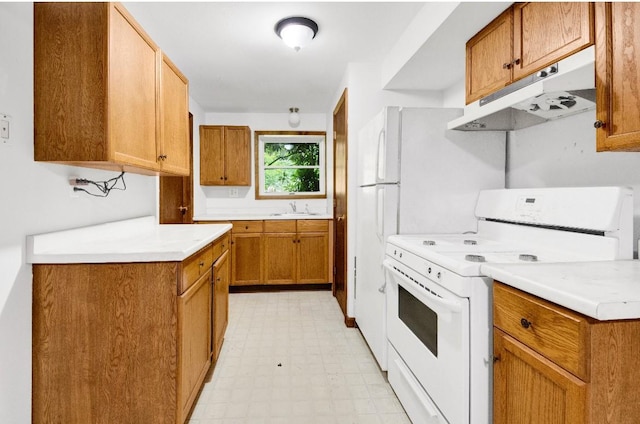 481 E Branch Rd, Patterson, NY 12563 - kitchen featuring white electric range, under cabinet range hood, light floors, light countertops, and brown cabinets