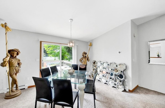 481 E Branch Rd, Patterson, NY 12563 - dining space featuring a baseboard radiator, carpet flooring, and a chandelier