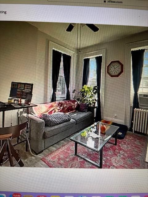 135 Saint Marks Ave, Brooklyn, NY 11217 - living room featuring radiator, plenty of natural light, and ceiling fan