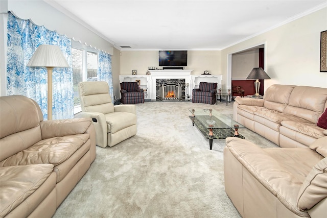 25 Fountain Dr, Valhalla, NY 10595 - living room featuring carpet flooring, crown molding, and a fireplace with flush hearth