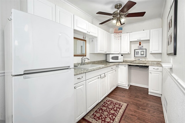 25 Fountain Dr, Valhalla, NY 10595 - kitchen with white appliances, crown molding, a ceiling fan, white cabinets, and dark wood-style flooring