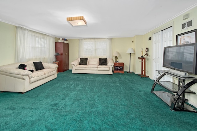 25 Fountain Dr, Valhalla, NY 10595 - carpeted living area with ornamental molding and plenty of natural light