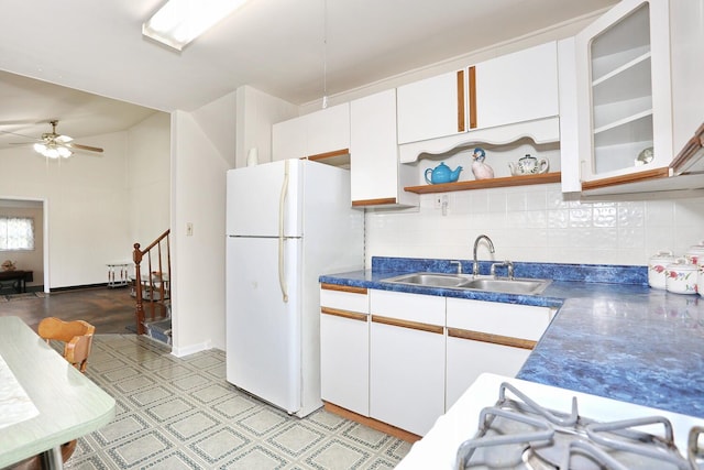 38 Wilson St, Middletown, NY 10940 - kitchen featuring freestanding refrigerator, backsplash, white cabinetry, open shelves, and ceiling fan