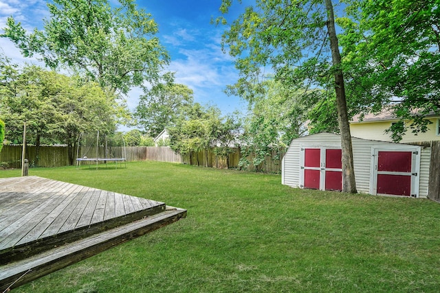 21 Spectacle Lake Dr, Smithtown, NY 11767 - fenced backyard with a storage shed, a trampoline, and a wooden deck