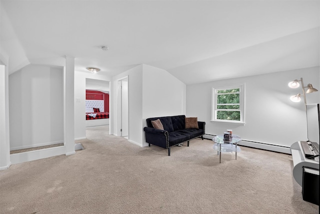 26 Helena Ave, Mohegan Lake, NY 10547 - carpeted living room with lofted ceiling and a baseboard radiator