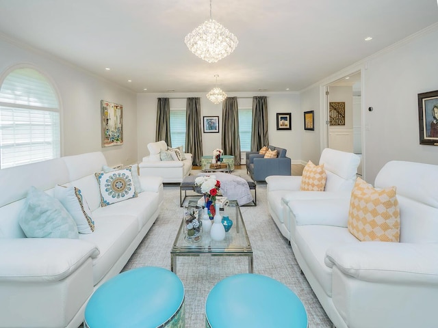 70 Scudders Ln, Roslyn Harbor, NY 11576 - living area with a chandelier, ornamental molding, and recessed lighting