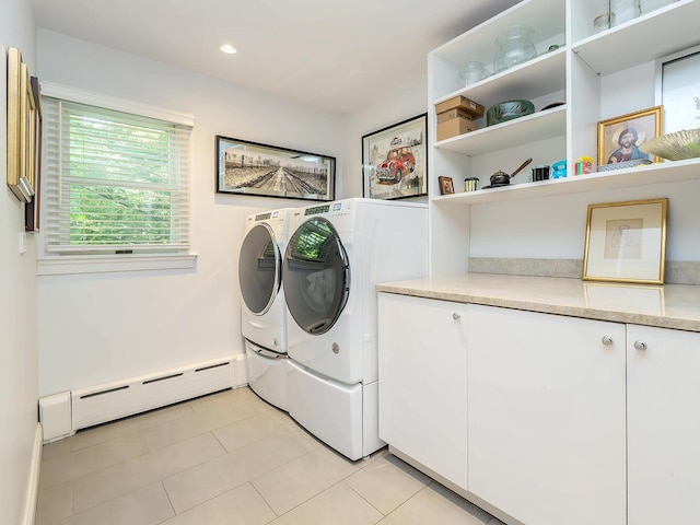 70 Scudders Ln, Roslyn Harbor, NY 11576 - laundry room featuring a baseboard radiator, washing machine and clothes dryer, light tile patterned floors, and recessed lighting